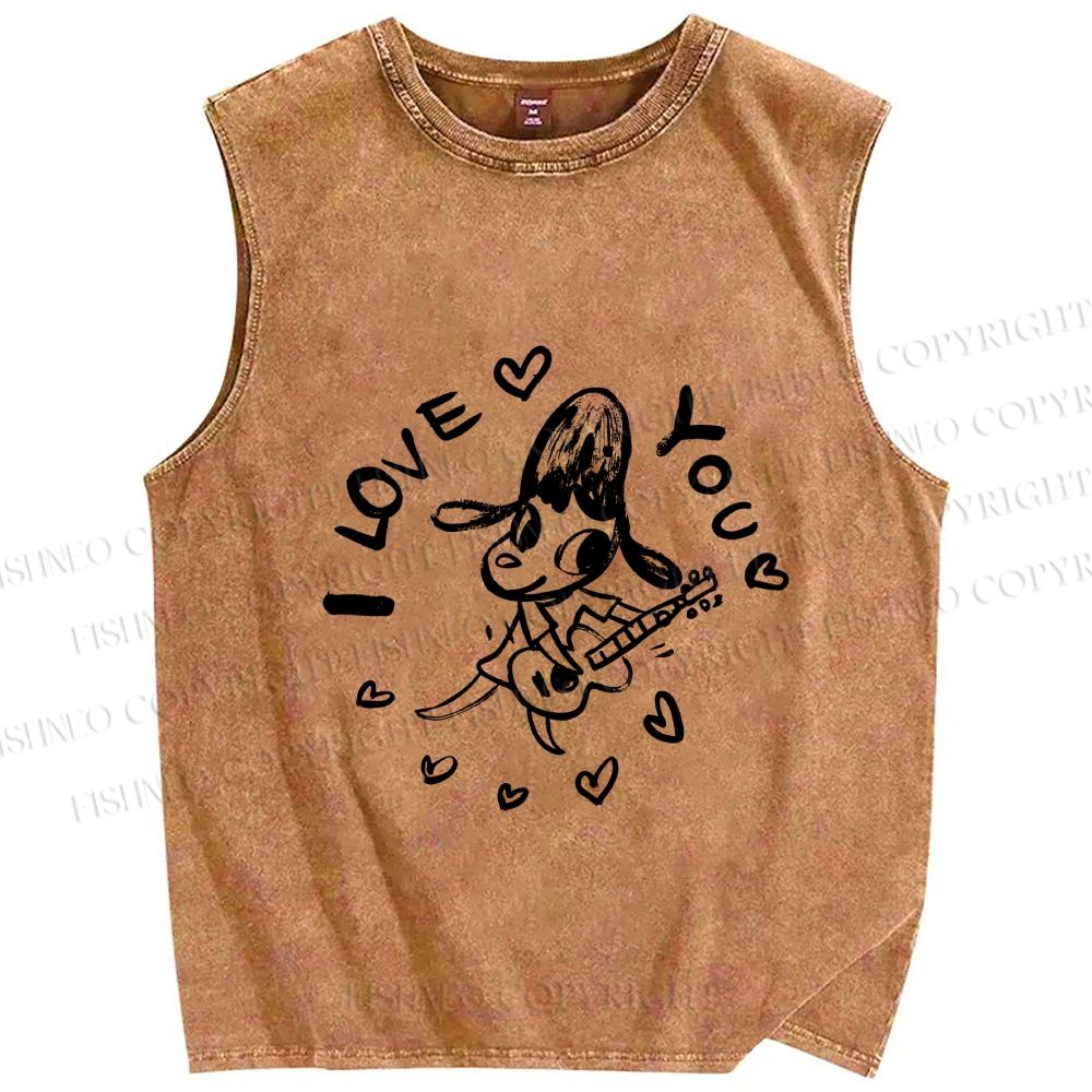 Unisex Yoshitomo Nara Play Guitar Love You Printed Washed Tank Top