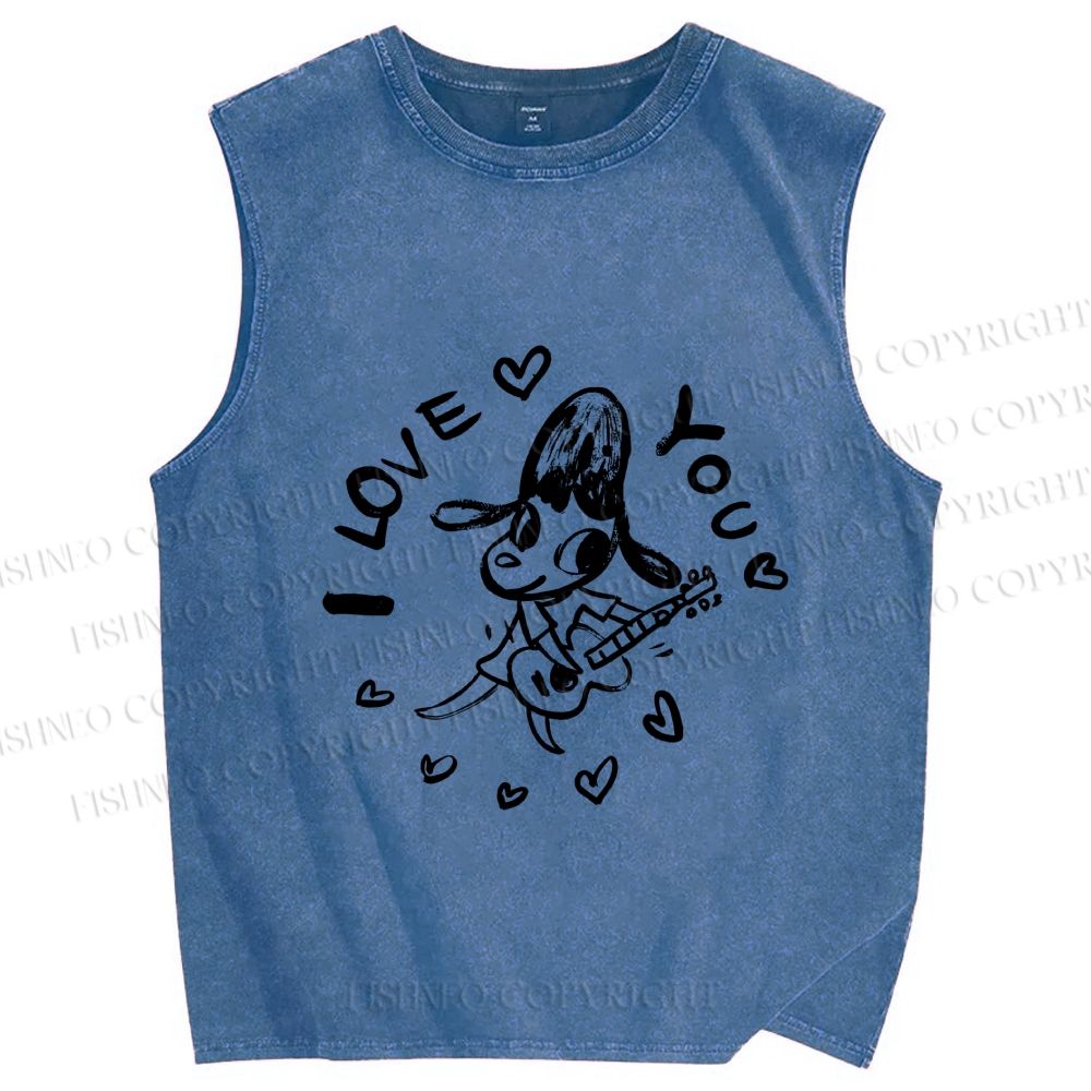 Unisex Yoshitomo Nara Play Guitar Love You Printed Washed Tank Top
