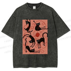 Unisex Black Cat Play Yarn Ball Printed Washed Tee