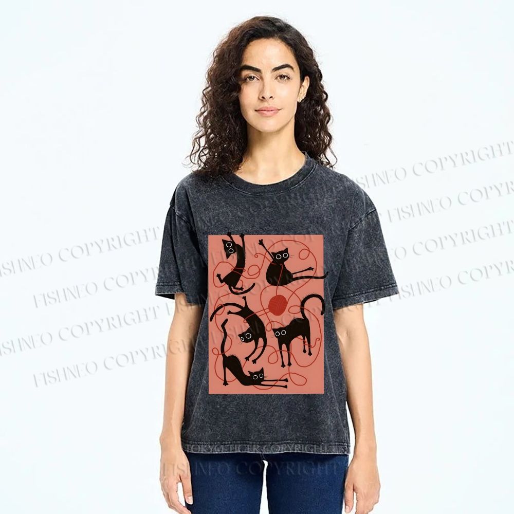 Unisex Black Cat Play Yarn Ball Printed Washed Tee