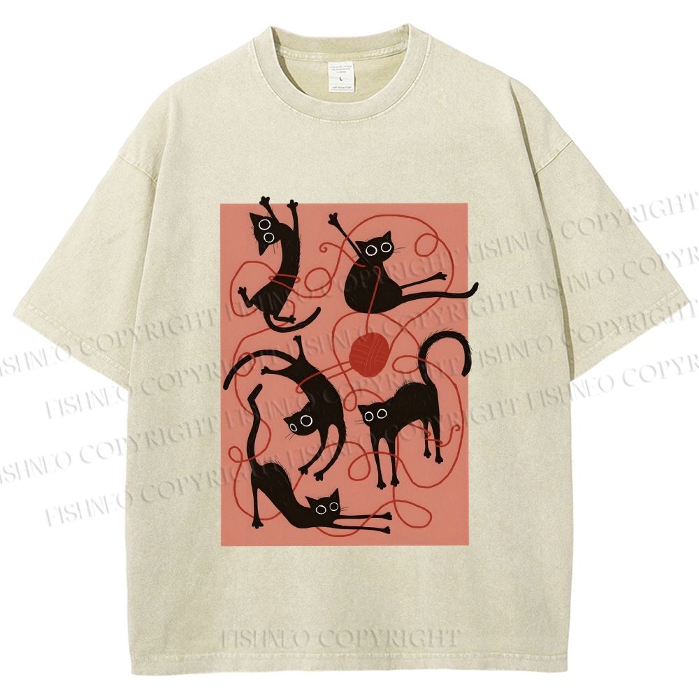 Unisex Black Cat Play Yarn Ball Printed Washed Tee
