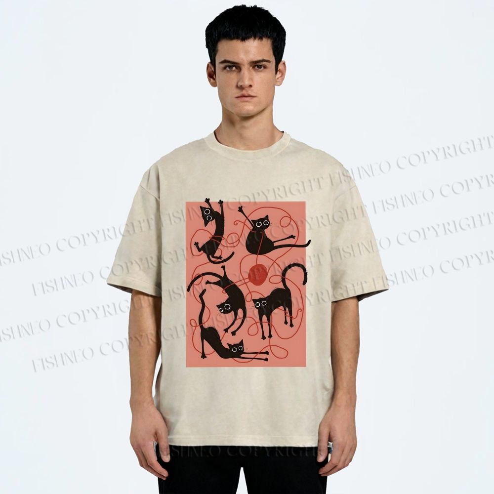 Unisex Black Cat Play Yarn Ball Printed Washed Tee