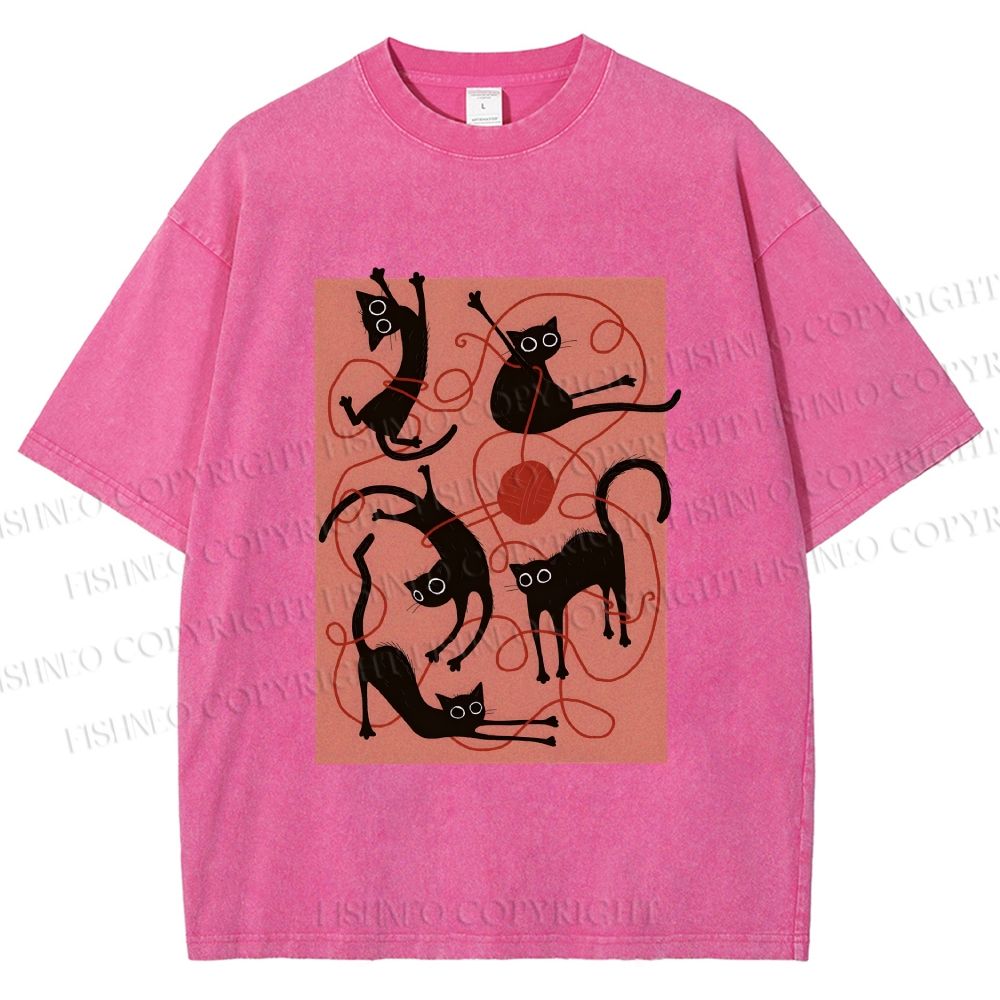Unisex Black Cat Play Yarn Ball Printed Washed Tee