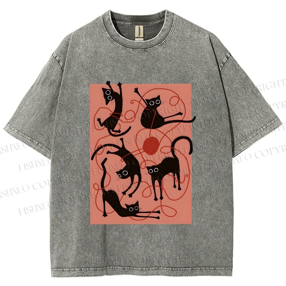 Unisex Black Cat Play Yarn Ball Printed Washed Tee
