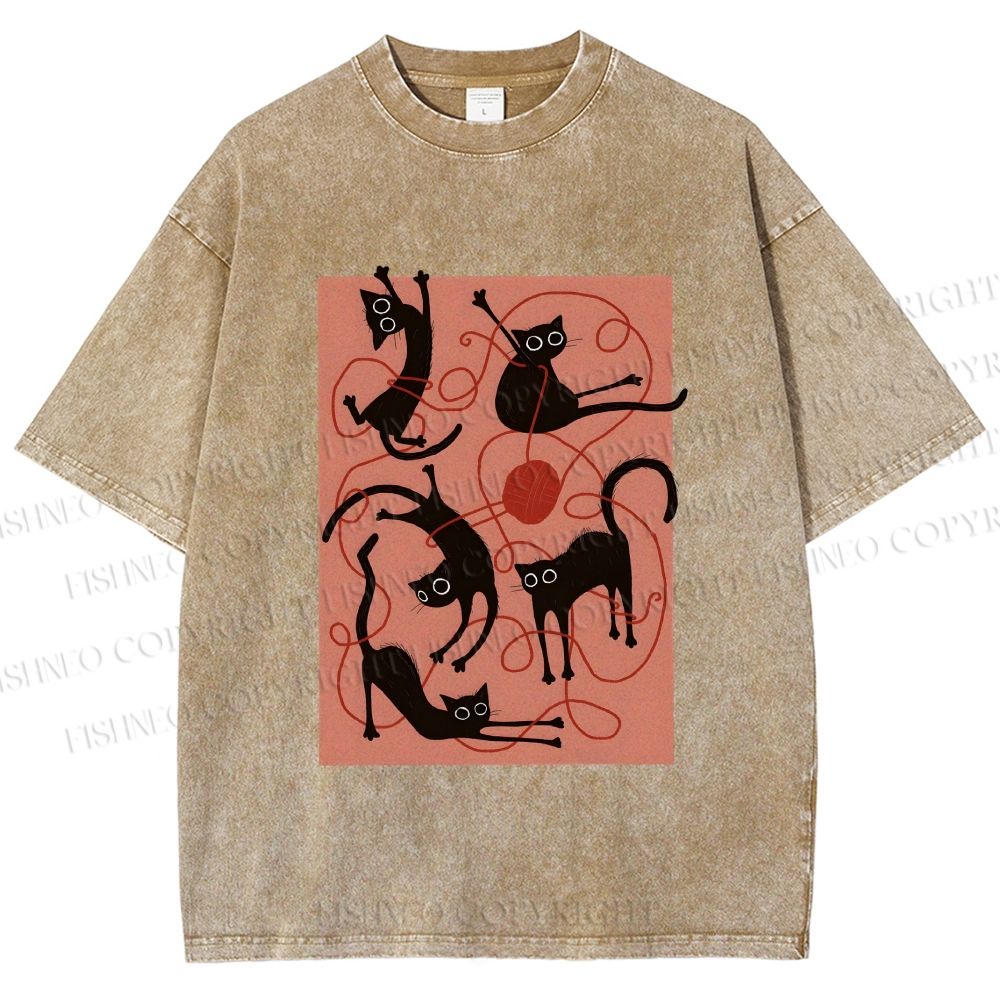 Unisex Black Cat Play Yarn Ball Printed Washed Tee