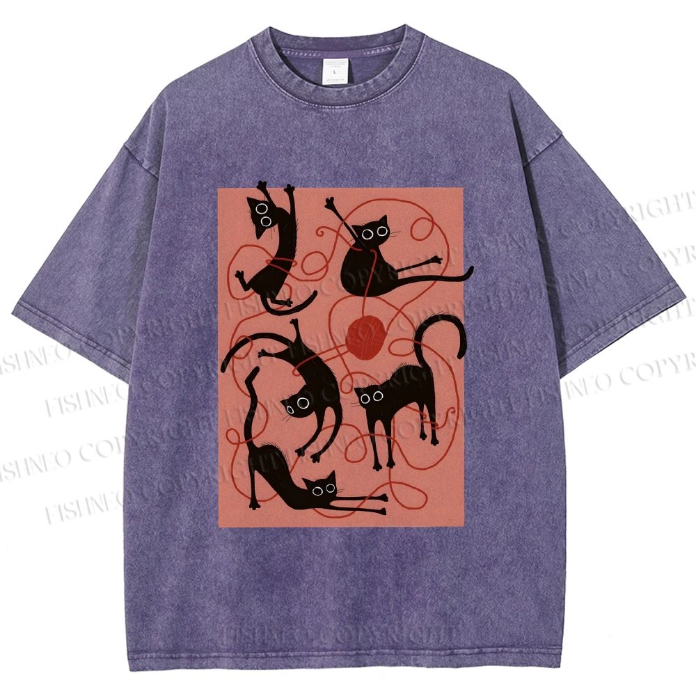 Unisex Black Cat Play Yarn Ball Printed Washed Tee