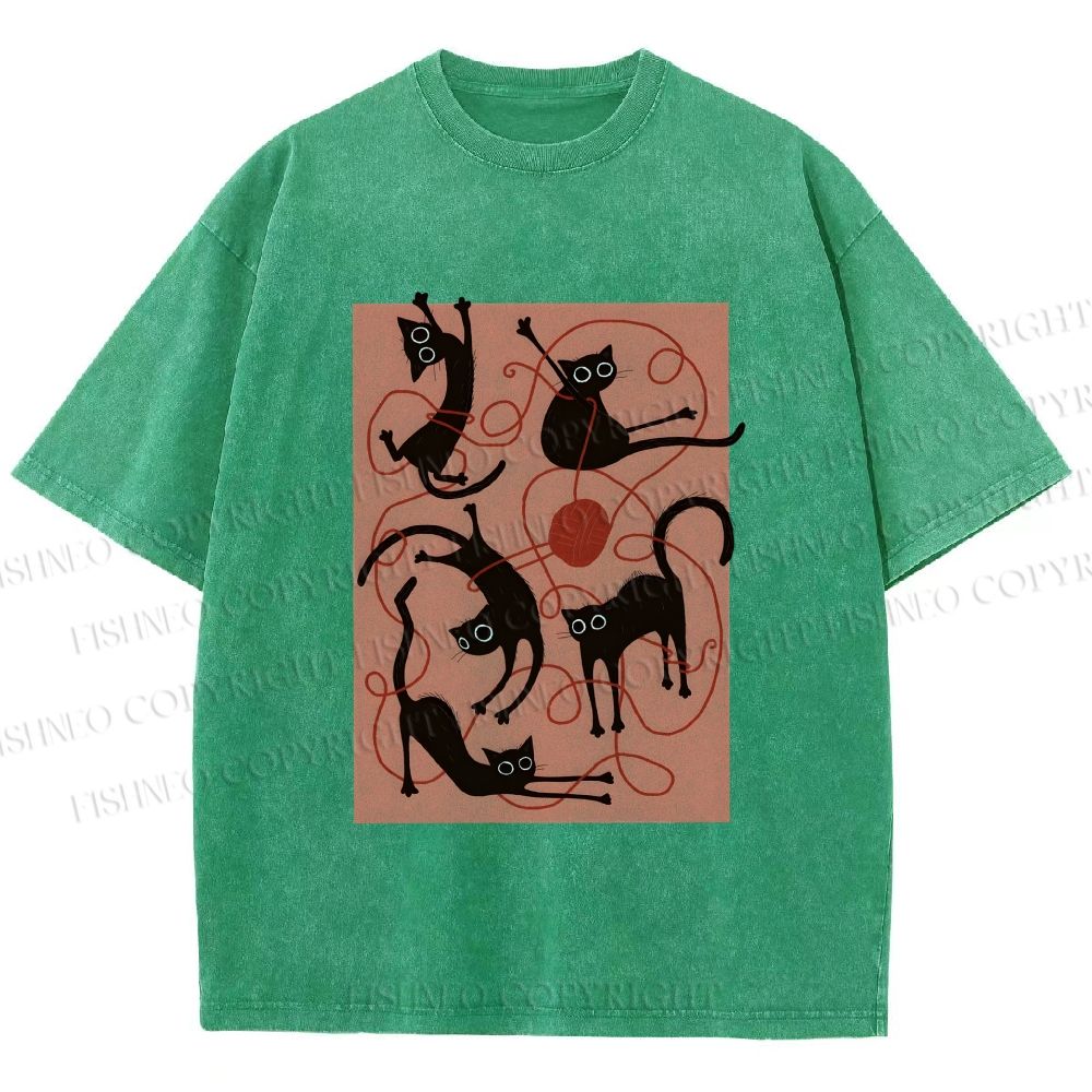 Unisex Black Cat Play Yarn Ball Printed Washed Tee