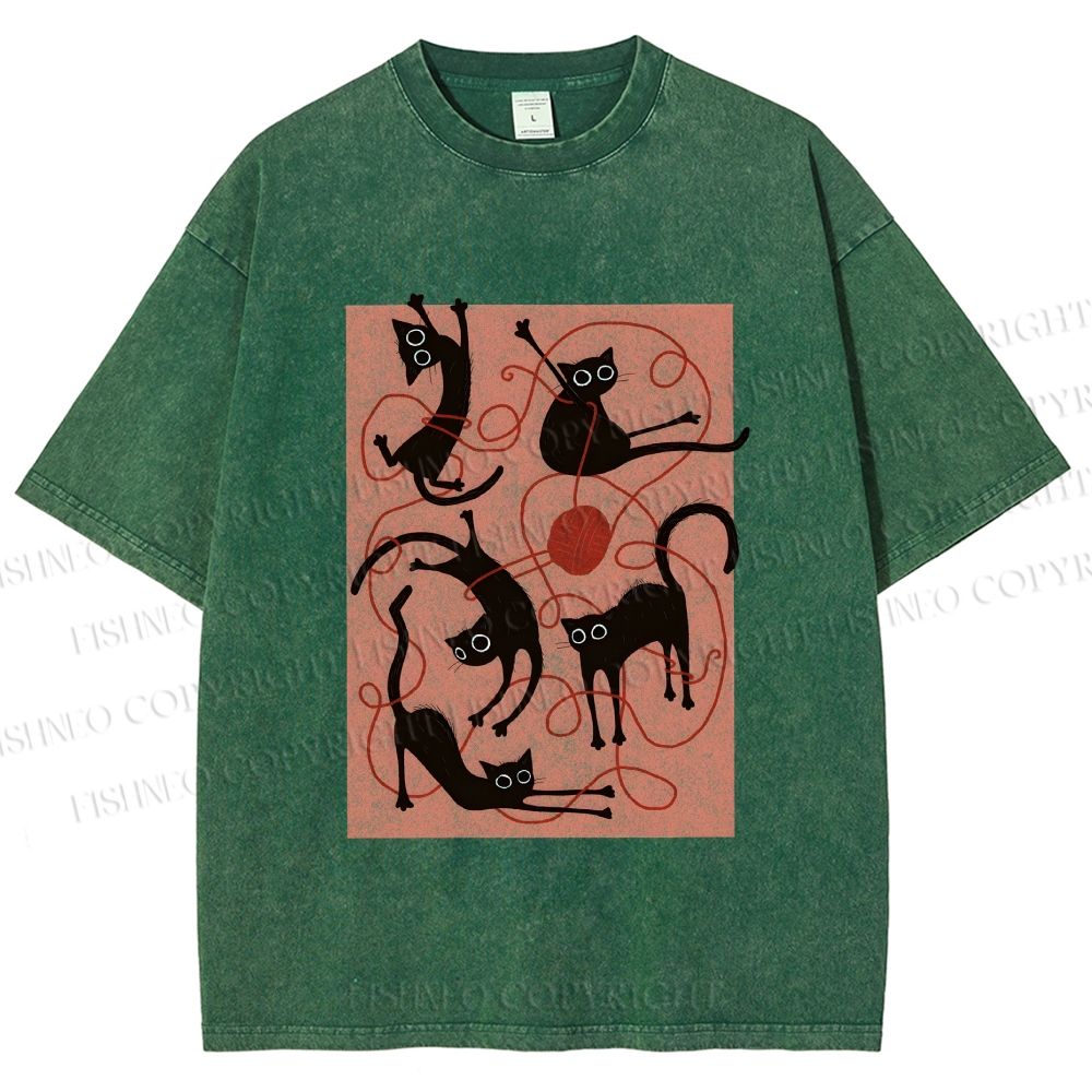 Unisex Black Cat Play Yarn Ball Printed Washed Tee