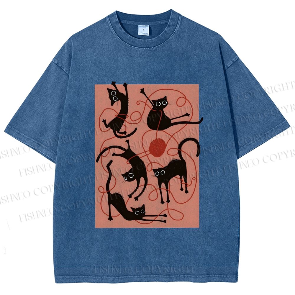 Unisex Black Cat Play Yarn Ball Printed Washed Tee