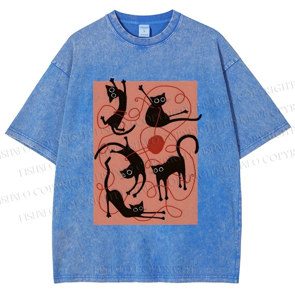 Unisex Black Cat Play Yarn Ball Printed Washed Tee
