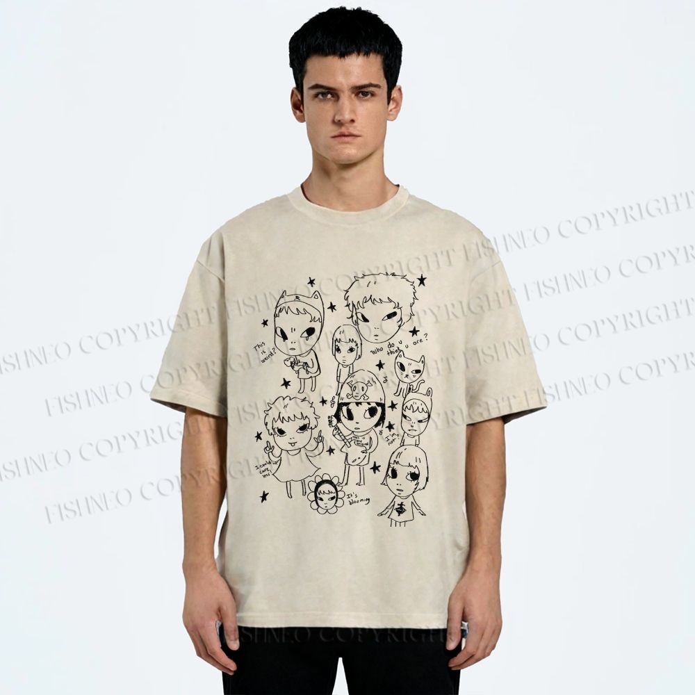 Unisex Yoshitomo Nara Graffiti Printed Washed Tee