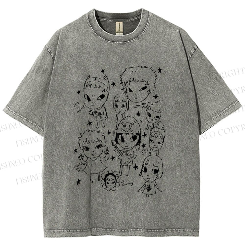 Unisex Yoshitomo Nara Graffiti Printed Washed Tee