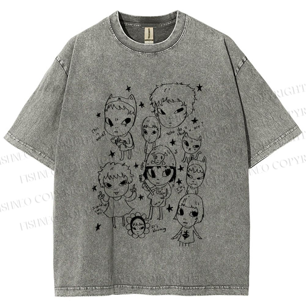 Unisex Yoshitomo Nara Graffiti Printed Washed Tee