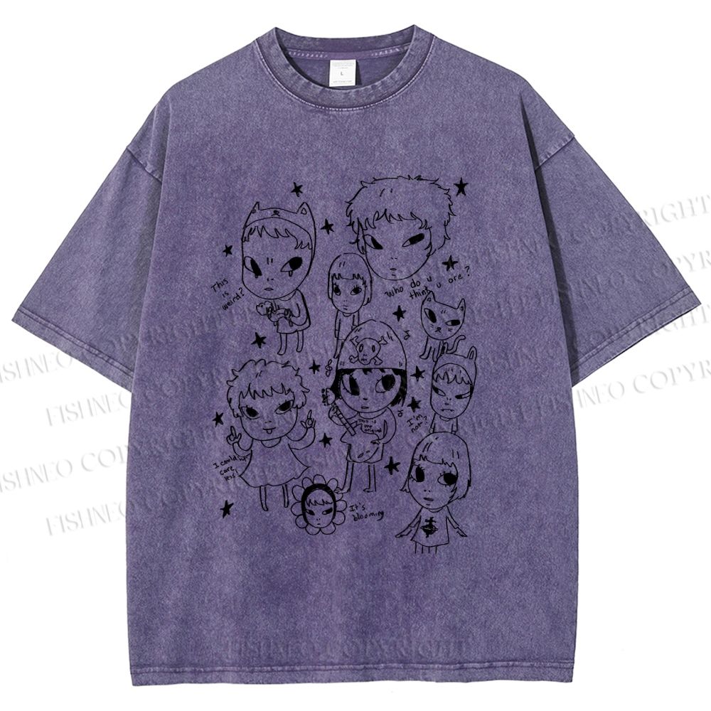 Unisex Yoshitomo Nara Graffiti Printed Washed Tee