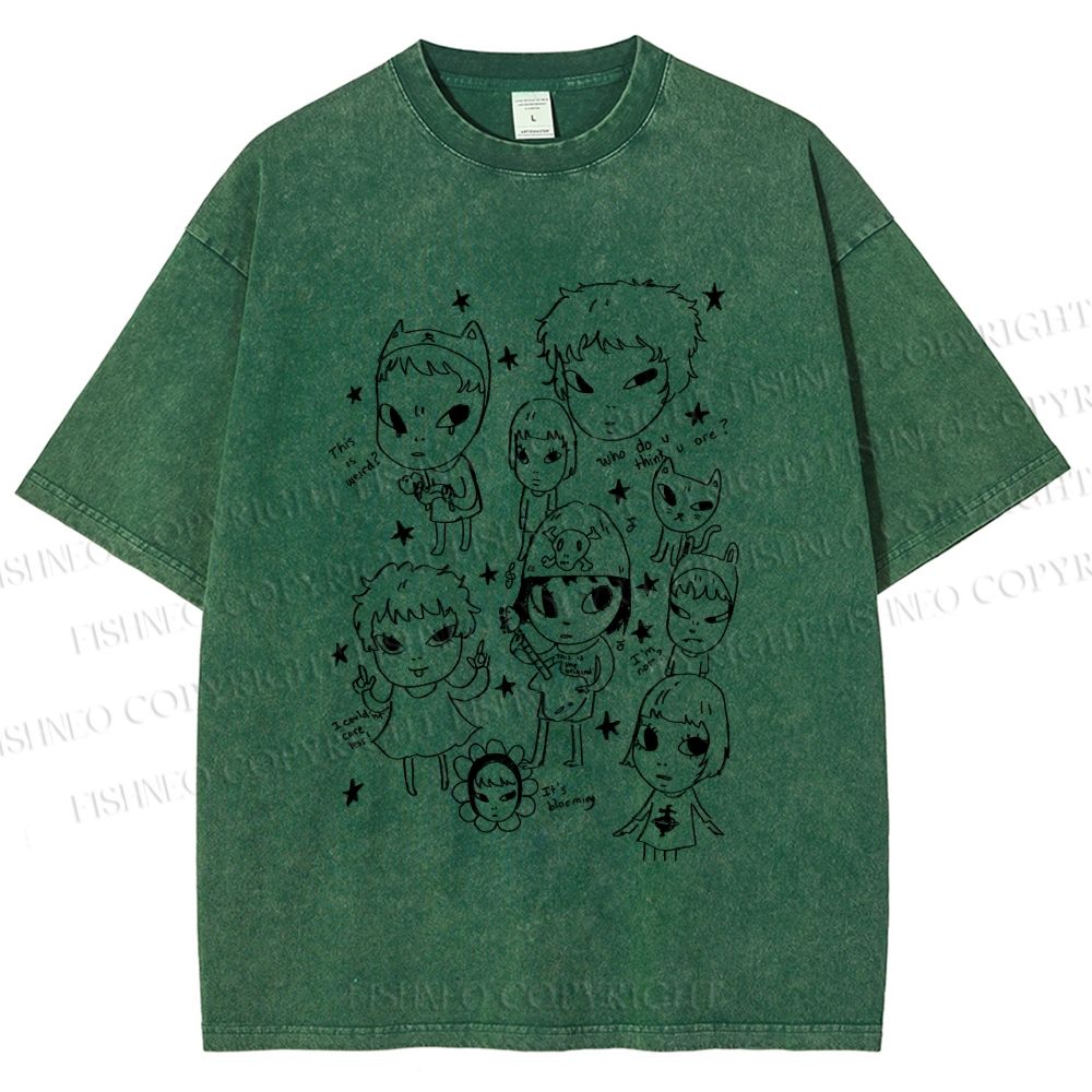 Unisex Yoshitomo Nara Graffiti Printed Washed Tee