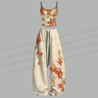 Vintage Bird in Maple Leaves Top & Elasticated Trousers Two-Piece Set