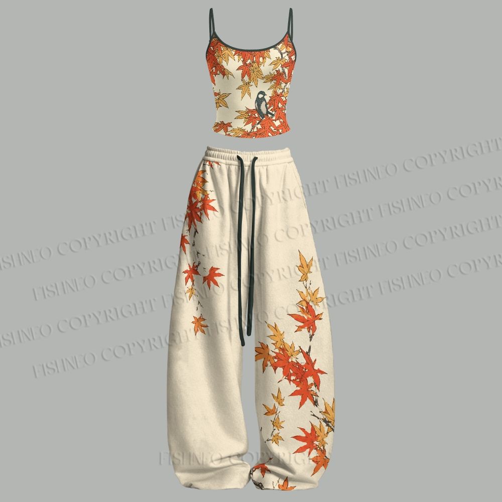 Vintage Bird in Maple Leaves Top & Elasticated Trousers Two-Piece Set