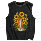Unisex Ginger Cat & Sunflowers Printed Washed Tank Top
