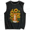 Unisex Ginger Cat & Sunflowers Printed Washed Tank Top