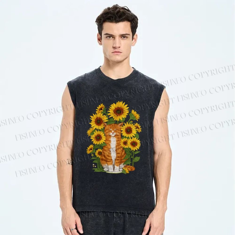 Unisex Ginger Cat & Sunflowers Printed Washed Tank Top