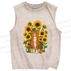 Unisex Ginger Cat & Sunflowers Printed Washed Tank Top