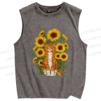 Unisex Ginger Cat & Sunflowers Printed Washed Tank Top