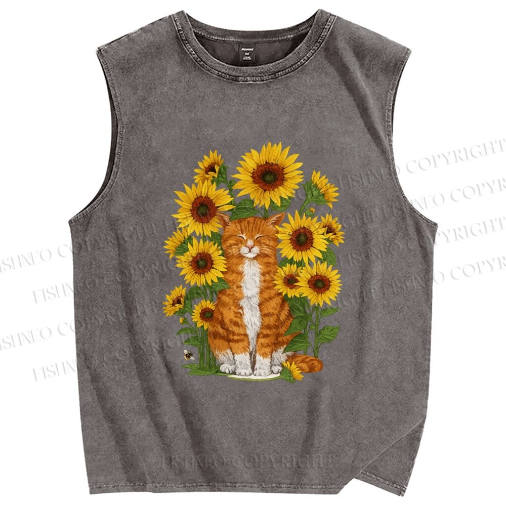 Unisex Ginger Cat & Sunflowers Printed Washed Tank Top