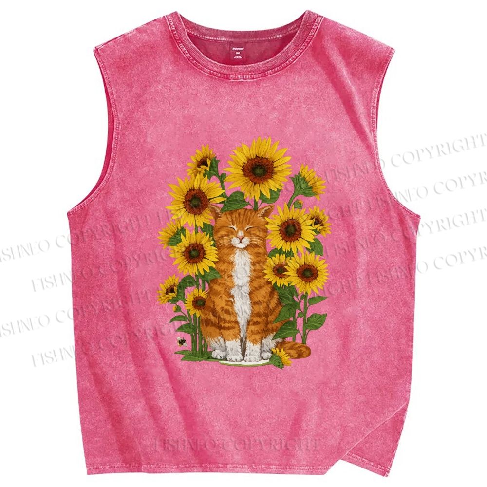 Unisex Ginger Cat & Sunflowers Printed Washed Tank Top