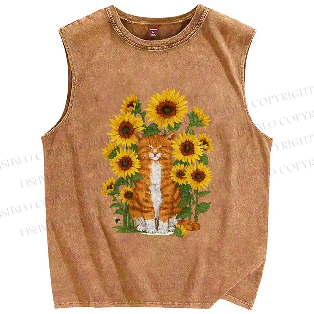 Unisex Ginger Cat & Sunflowers Printed Washed Tank Top