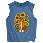 Unisex Ginger Cat & Sunflowers Printed Washed Tank Top
