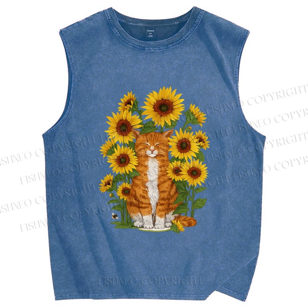 Unisex Ginger Cat & Sunflowers Printed Washed Tank Top