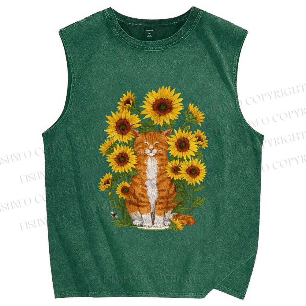 Unisex Ginger Cat & Sunflowers Printed Washed Tank Top