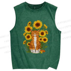 Unisex Ginger Cat & Sunflowers Printed Washed Tank Top