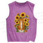 Unisex Ginger Cat & Sunflowers Printed Washed Tank Top