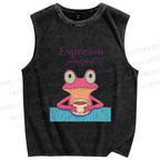 Unisex Espresso Frog Printed Washed Tank Top