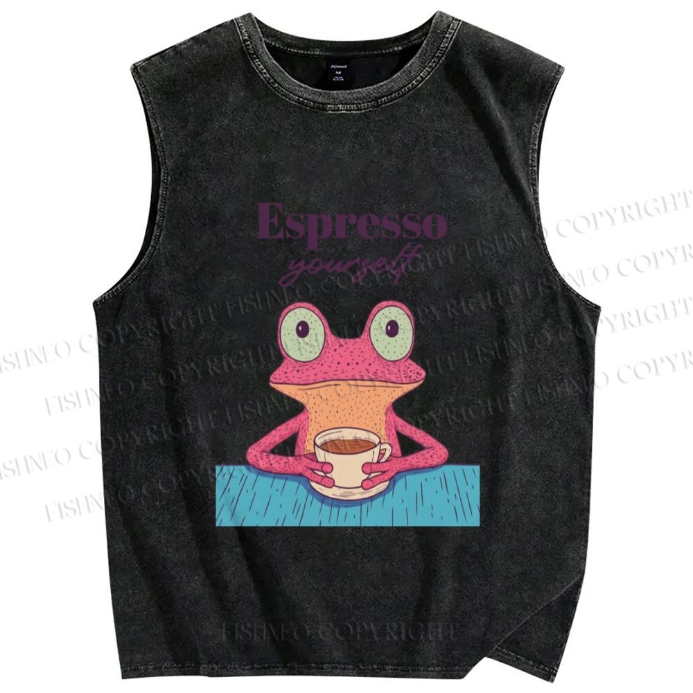 Unisex Espresso Frog Printed Washed Tank Top