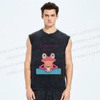 Unisex Espresso Frog Printed Washed Tank Top