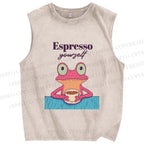 Unisex Espresso Frog Printed Washed Tank Top