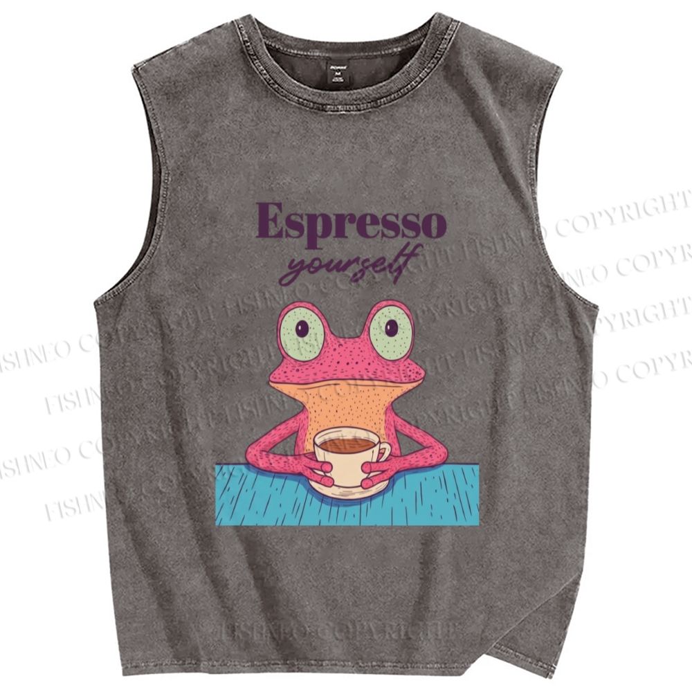 Unisex Espresso Frog Printed Washed Tank Top