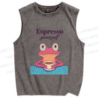 Unisex Espresso Frog Printed Washed Tank Top