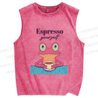 Unisex Espresso Frog Printed Washed Tank Top