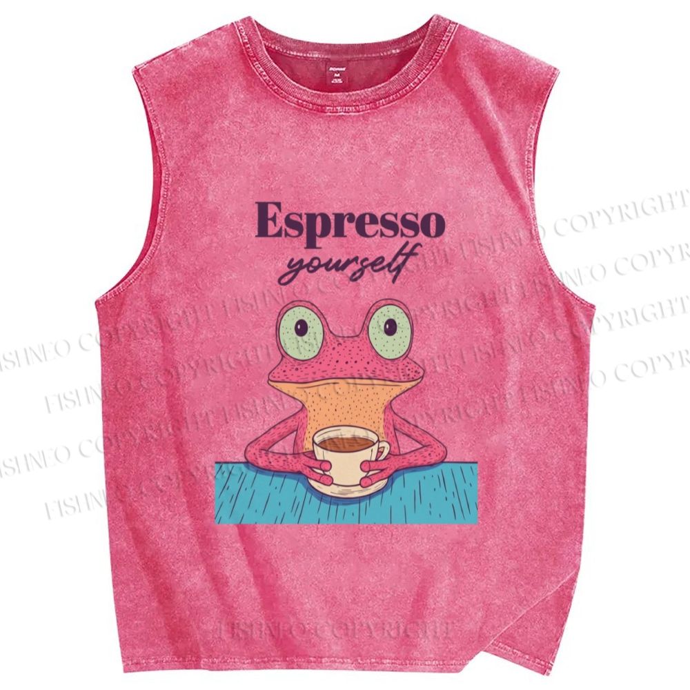 Unisex Espresso Frog Printed Washed Tank Top