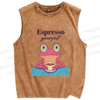 Unisex Espresso Frog Printed Washed Tank Top