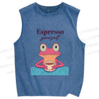 Unisex Espresso Frog Printed Washed Tank Top