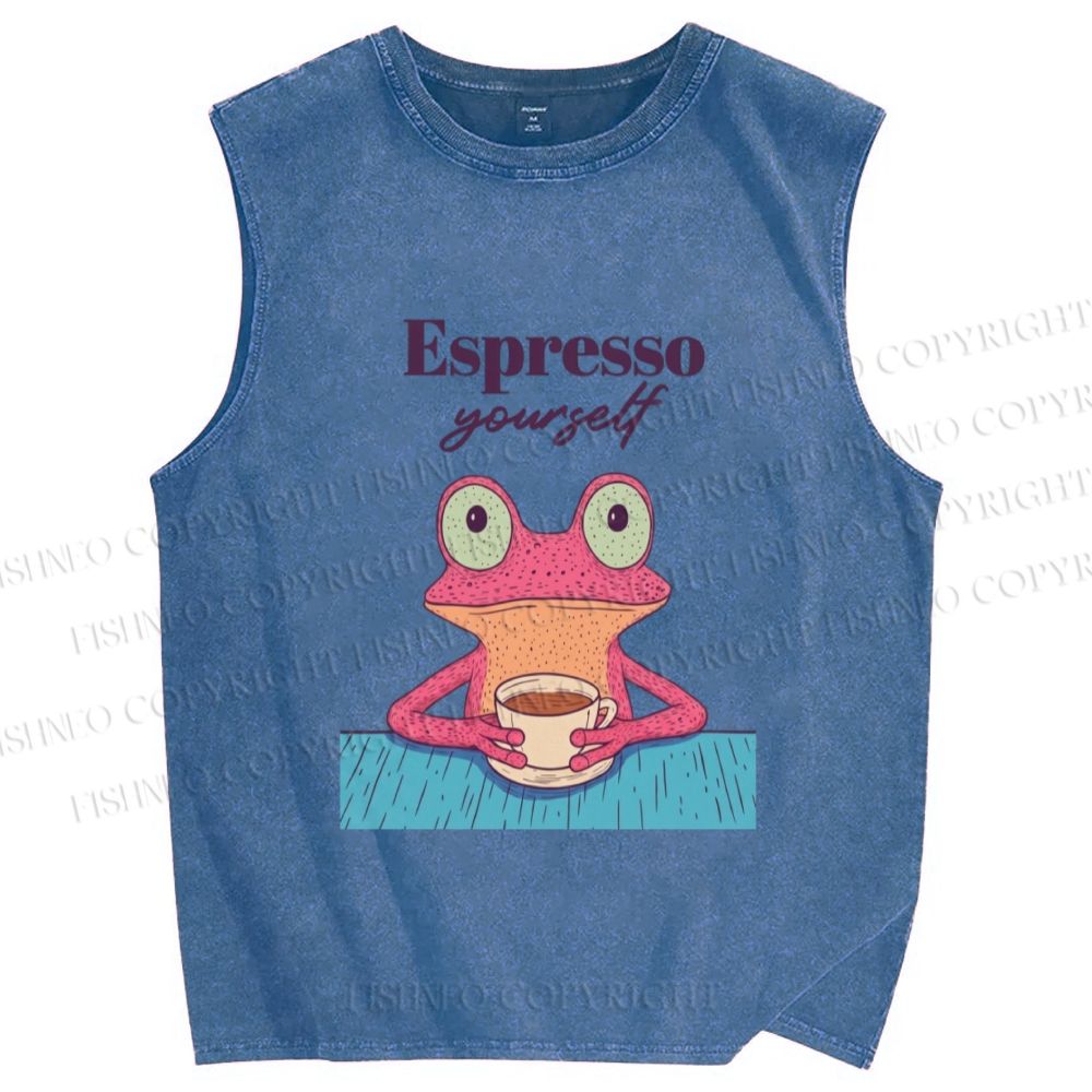 Unisex Espresso Frog Printed Washed Tank Top