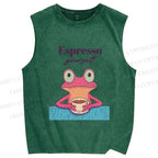 Unisex Espresso Frog Printed Washed Tank Top