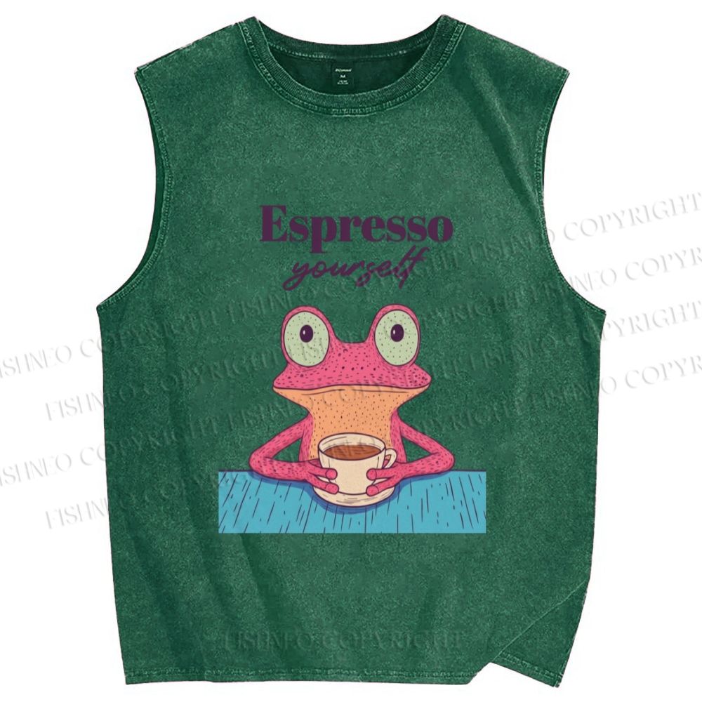 Unisex Espresso Frog Printed Washed Tank Top