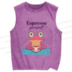Unisex Espresso Frog Printed Washed Tank Top