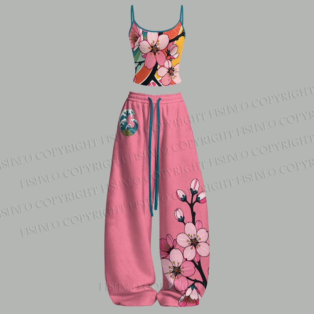 Japanese Wave Sakura Top & Elasticated Trousers Two-Piece Set