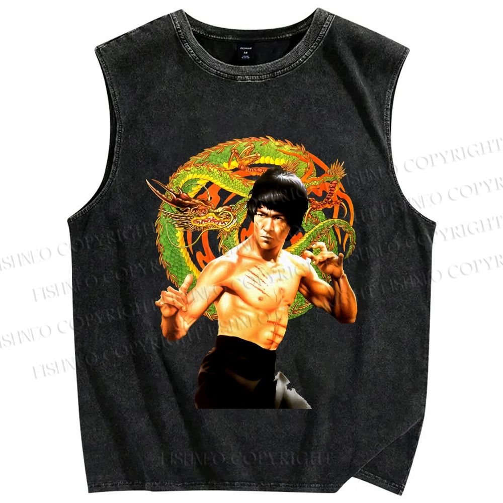 Unisex Bruce Lee Dargon Printed Washed Tank Top